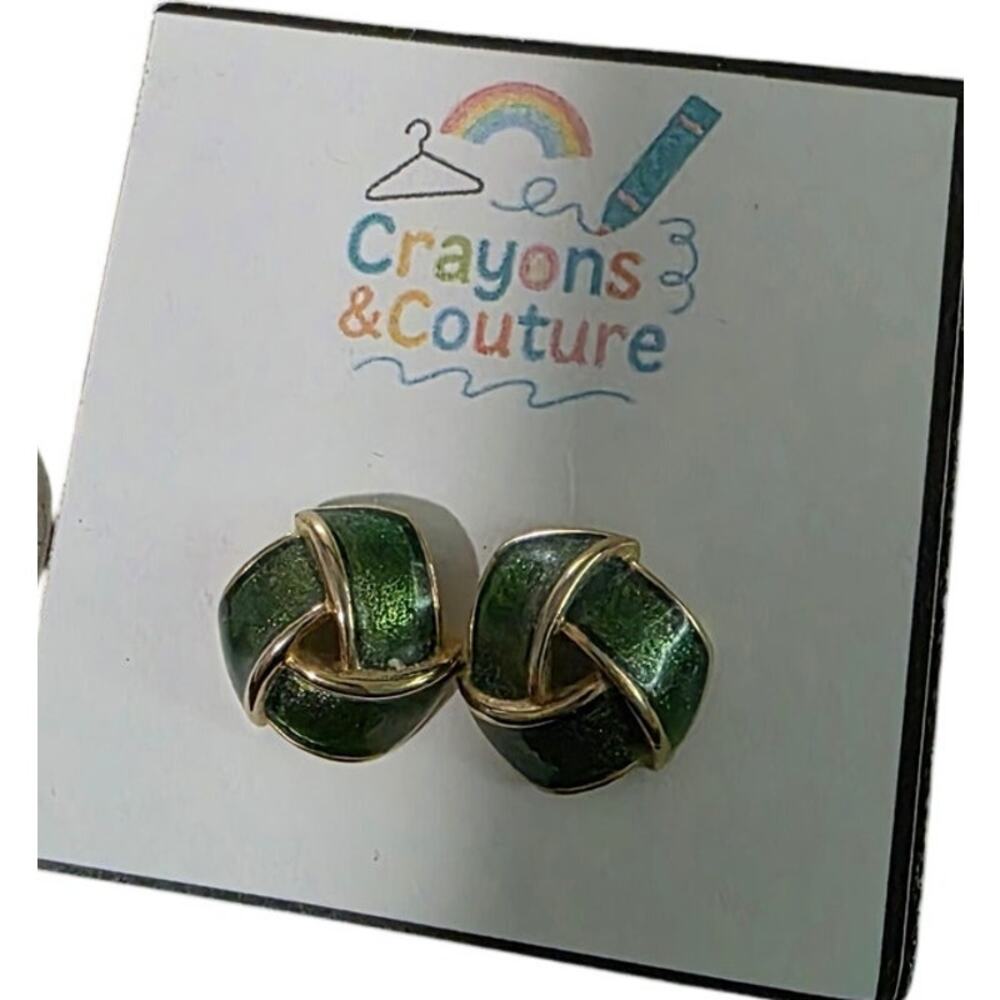 5/$18 Vtg 1985 Avon Sophisticated Knot Green Enamel Stud Pierced Ears Statement